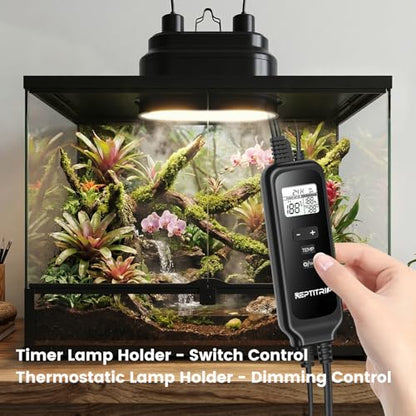 Dual Reptile Light Fixture with Timer & PID Dimming Thermostat, Day-Night Heat & Light Cycle, Heat Lamp for Bearded Dragons Terrariums, Max 160W Per Socket (No Bulbs) - size: Heat Lamp+Thermostat