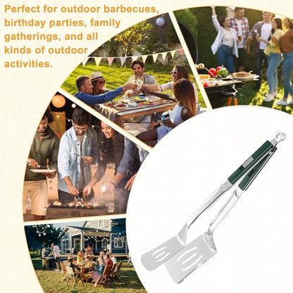 M METERXITY Spatula Tongs, 13.4 Inch 304 Stainless Steel Anti-Scald Extended Serrated Multifunctional Flipper Grill Clamp for Cooking/Barbecue, Kitchen Cooking Tong [Green Handle, Silver Tone] - color: Green Handle, Silver Tone