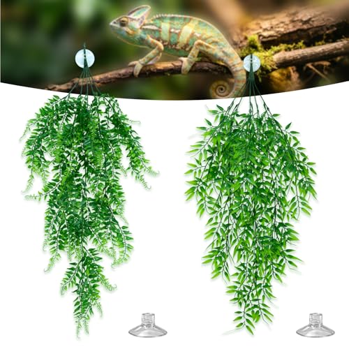 Reptile Plants for Bearded Dragon Tank Accessories, 2 Pack Terrarium Hanging Vines Artificial Leaves with Suction Cups for Lizard, Gecko, Snake, Chameleon Habitat Decor - color: Rp-b-1