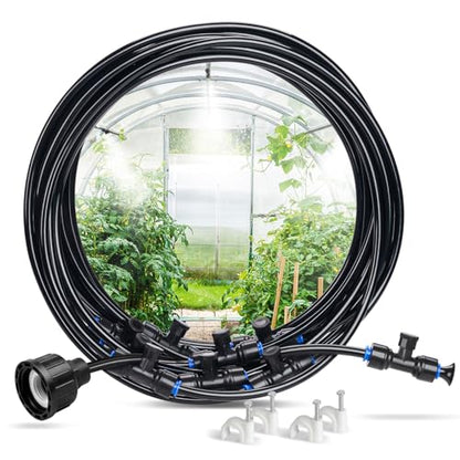 HOMENOTE Misting Cooling System, 32FT Pre-Assembled Misting Kit, 7 Rust-Proof Nozzles, 3/4" Adapter, Outdoor Mister for Patio Cooling, Greenhouse, Pet & Chicken Coop - size: 32FT / 10M