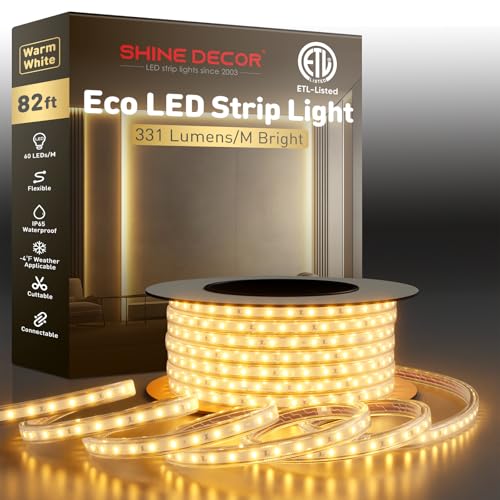 Shine Decor LED Strip Light Easy Connectable, 2800K Warm White Cold Resist Weatherproof Plug-in for Indoor Outdoor, 101 LM/FT Dimmable Bright Eco Rope Lighting 82FT, 120V Whole Set ETL Listed - color: Warm White, size: 82 Ft