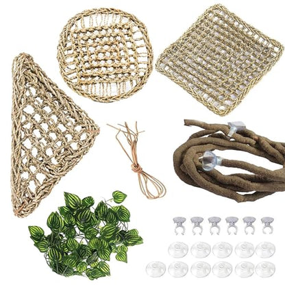 PINVNBY Bearded Dragon Hammock for Tank,Reptile Lounger with Suction Cups Natural Lizard Tank Accessories Seagrass Bed Flexible Jungle Climber Vines Leaves Habitat Decor for Chameleon Gecko(5 Pcs)