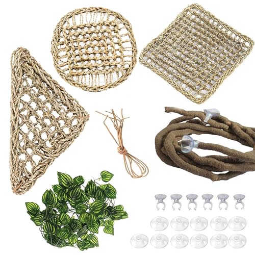 PINVNBY Bearded Dragon Hammock for Tank,Reptile Lounger with Suction Cups Natural Lizard Tank Accessories Seagrass Bed Flexible Jungle Climber Vines Leaves Habitat Decor for Chameleon Gecko(5 Pcs)