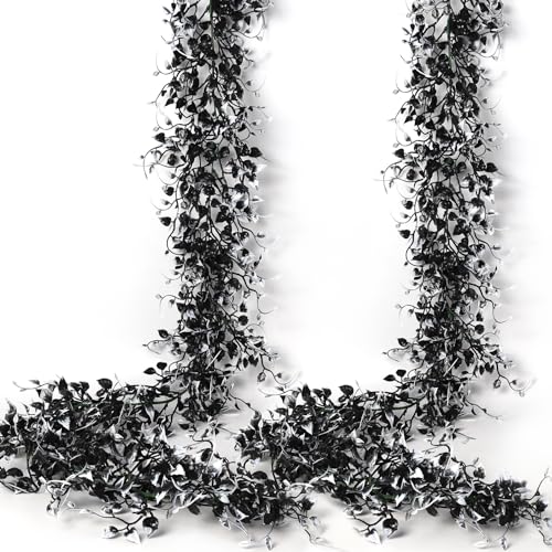 RECUTMS Artificial Hanging Vines Plants Halloween Garland 2Pcs 6Ft Faux Black White Eucalyptus Leaves Ivy Fake Plant UV Resistant Plastic Vine Indoor Outdoor Wedding Party Garden Arch Home Patio Decor - color: Black and White