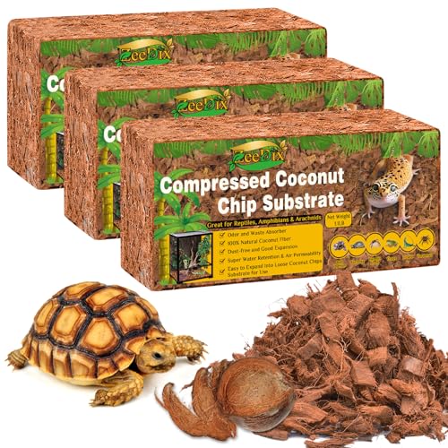 ZeeDix 3 Pack Coconut Husk for Reptiles, Organic Coconut Fiber Reptile Terrarium Substrate, Coco Husk Chips Reptile Bedding for Snakes, Tortoises, Ball Python, Geckos, Lizards, Hermit Crab, Tarantula - color: 3 Pack