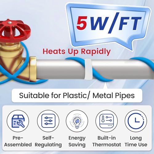 MAXKOSKO 24 Ft. 120 V Heating Cable for Pipe Freeze Protection, Self-Regulating Heat Tape for Water Pipes for Metal and Plastic Pipes, Energy-Saving Heat Trace Cable Keeps Water Flowing at -40 °F - color: 24-feet