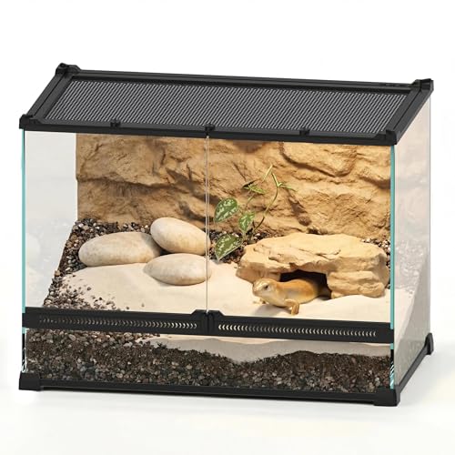 20"x12"x14" Reptile Terrarium, Double-Door Glass Terrestrial Vivarium for Small Desert Reptiles Such as Sandfish Skinks, with Lock, Cable Port & Waterproof Deep Base Below Front Doors