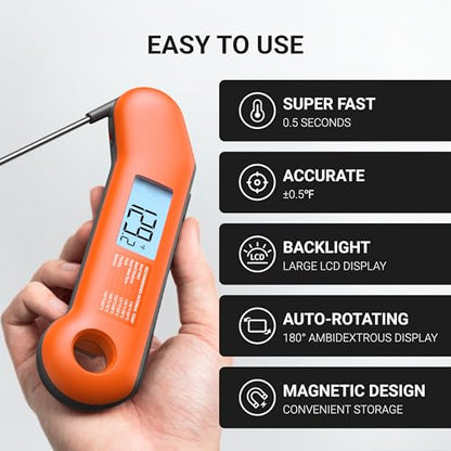 Professional Meat Thermometer Digital, Ultra-Fast 0.5 Sec Instant Read, NIST Certified ±0.5°F Accuracy, IP67 Waterproof, Auto-Rotating Backlit Display, Lift-to-Wake, for BBQ/Candy, Orange&Gray - color: Orange&Gray