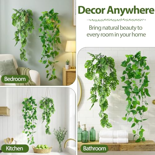 Daifunli 12 Pcs Artificial Hanging Plants Fake Hanging Ferns Plastic Fake Plant for Wall Room Garden Garland Indoor Outdoor Decor No Basket (Monstera Vine,Ivy Vine) - style: Monstera Vine, Ivy Vine