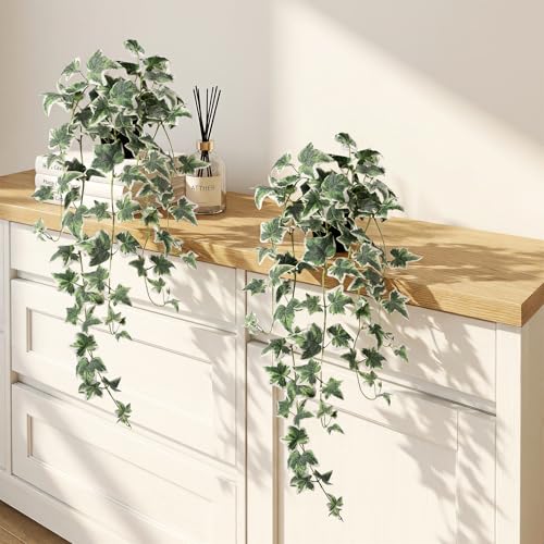 Fake Ivy Hanging Plant - Artificial Plants Indoor with Pots Set of 2, Fake Potted Plants for Outdoor, Silk Faux Greenery Pothos for Wall Tabletop Desk Decor, White Green 33In - color: White Green-2