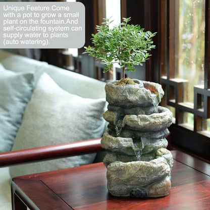 Kalona Tabletop Waterfall Fountain Rockery Fountains Soothing Sound Tabletop Fountains Home/Office Decor with a Small Plastic Pot to Grow The Plant by Yourself(Automatic Watering)(22020) - color: Grayish-brown