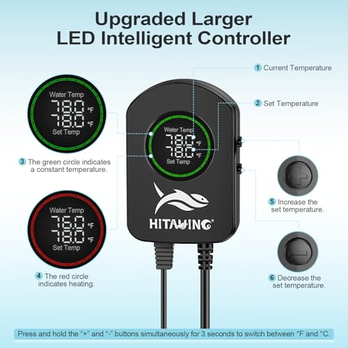 HiTauing Aquarium Heater, 100W/200W/300W/500W Fish Tank Heater with Upgraded LED Large Display, Up/Down Control Buttons and Intelligent Leaving Water Automatic Power-Off for Saltwater and Freshwater - size: 500W for 75-135 Gallon