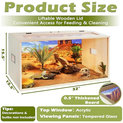 PROLEE Bearded Dragon Tank, 35 Gallons Wooden Reptile Enslosure, Tempered Glass Lizard Tank, Large Bearded Dragon Enclosure with Built-in Lamp Fixture for Lizard - size: 35 gallons
