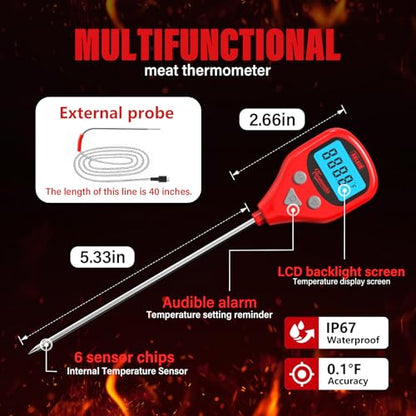 AWLKIM Digital Meat Thermometer with Dual Probes, Wine Red - Instant Read Food Thermometer with 1m Leave-in Probe, Alarm, Backlit LCD, IP67 Waterproof & USB-C Rechargeable for Grilling, BBQ, Smoking