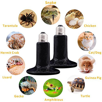 2-Pack 200W Reptile Ceramic Heat Lamp,E27 110V Infrared Heat Emitter Bulb,No Harm No Light Infrared Heat Emitter Brooder Lamp for Pet Coop Heater Reptile Chicken Turtle Heating Light Lamp,Black