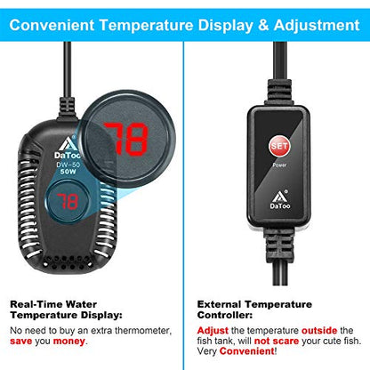 DaToo Small Aquarium Heater 50W Mini Fish Tank Heater 50 Watt Submersible with LED Temperature Display - size: 50W