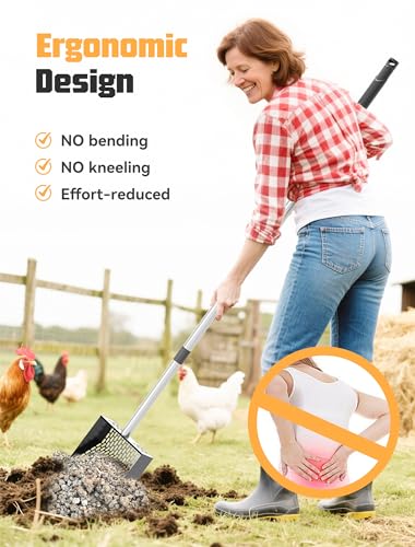 Chicken Poop Scooper & Rake, Metal Sifting Shovel 10" Wide Metal Head, Adjustable Handle to 74", Chicken Coop Scooper with Adjustable Handle for Chicken Coop & Pet Waste Cleaning