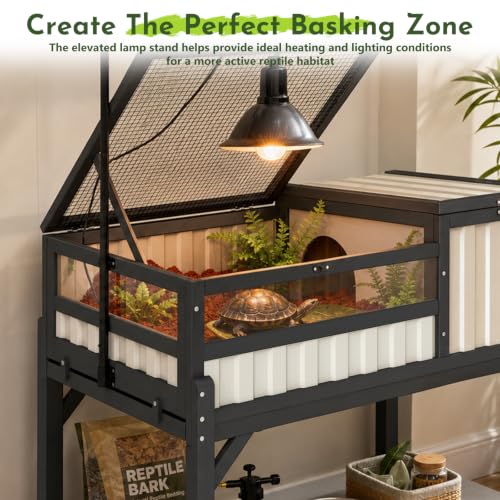 Large Tortoise Habitat with Storage Shelf, Wooden & Plastic Tortoise Enclosure with Adjustable Lamp Stand, Viewing Window, Pull-Out Tray, 2-Room Indoor Outdoor Reptile Turtle House - size: 39.0"L x 22.8"W x 33.0"H