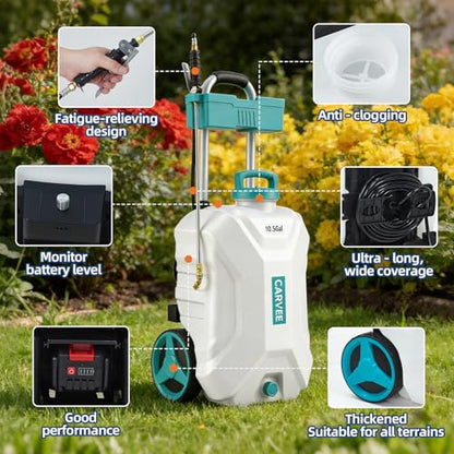 Garvee 10.5 Gallons Battery Powered Sprayer with Wheeled Cart, 18V 4Ah Electric Sprayer with 6 Nozzles & 2 Wands, 4-6 Hour Runtime, 80PSI Adjustable Pressure, Trigger Lock, Yard Sprayers for Lawn - size: 10.5 Gal