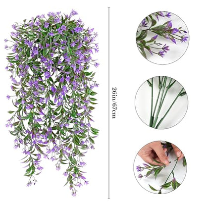 TOCHGREEN 4Pcs Artificial Hanging Plants Fern Vine, Faux Plastic Plants Fake Ivy Vine Greenery Garland with Purple Flower, Outdoor Indoor Decorations for Living Room Balcony Garden Wall Home Decor
