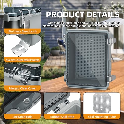 Joinfworld Outdoor Waterproof WiFi Enclosure 8.7x6.7x4.3 | Weatherproof Outdoor Electrical Junction Box, IP67 Rated, DIN Rail & Stainless Latch for Solar, Irrigation, Network & DIY - size: 8.7"x6.7"x4.3" Clear