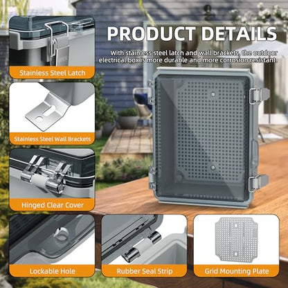Joinfworld Outdoor Waterproof WiFi Enclosure 8.7x6.7x4.3 | Weatherproof Outdoor Electrical Junction Box, IP67 Rated, DIN Rail & Stainless Latch for Solar, Irrigation, Network & DIY - size: 8.7"x6.7"x4.3" Clear