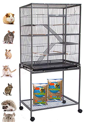 64" Extra Large Chewproof Wrought Iron 4-Levels Tight 1/2-Inch Bar Spacing for Ferret Chinchilla Sugar Glider Rats Mices Rabbit Squirrel Hamster Cage with Removable Rolling Stand - color: Black Vein, size: 32"L x 19"W x 60"H With 1/2" Spacing