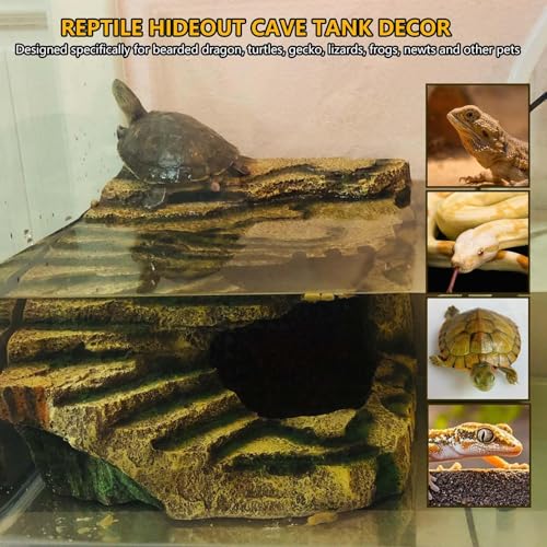 kathson Large Turtles Basking Platform,Resin Reptile Hideouts Cave Habitat Decor,Tortoise Hide Cave with Climbing Ramp Step,Bearded Dragons Hide Basking Rocks Accessories for Lizard,Gecko,Frog