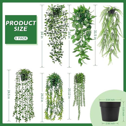 Der Rose 6Pcs Fake Hanging Plants Artificial Vines Faux Hanging Plants Indoor for Bathroom Kitchen Wall Bookshelf Outdoor Decor