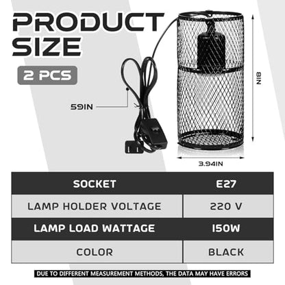 VIHOSE 2 Pcs Reptile Heat Lamp Guard with 150W Ceramic Heat Emitter Basking Anti Scald Heating Lamp Holder Mesh Cage Reptile Protection Lampshades for Lizard Snake Chick, Bulb Not Included (Black) - color: Black