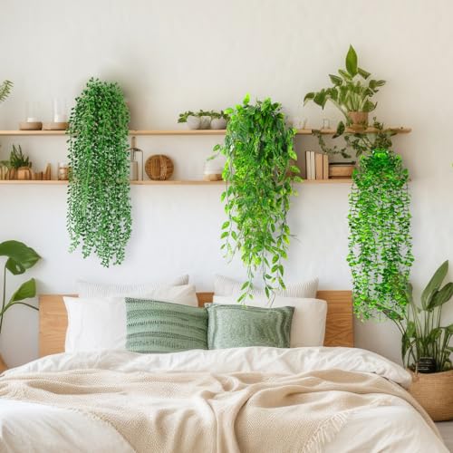 Daifunli 12 Pcs Artificial Hanging Plants Fake Hanging Ferns Plastic Faux Plants for Wall Room Garden Garland Indoor Outdoor Decor No Basket (Eucalyptus,Mandala,String of Pearls,Pea) - style: Eucalyptus, Mandala, String of Pearls, Pea