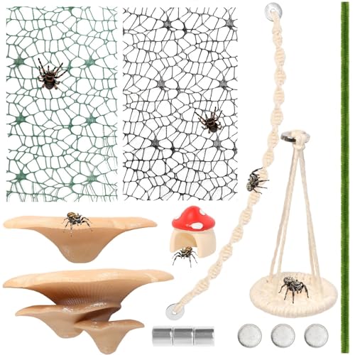 8 Pcs Jumping Spider Hide Enclosure Habitat, Spiders Hideout Climbing Rope Bridge Swings & Web, Mushroom Shelf, Jump Platform with Magnets for Pet Spider Habitat Accessories