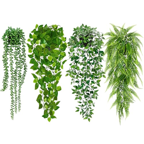 Palonu Artificial Hanging Plants for Shelf, 4 Pack Fake Potted Greenery Plant Faux Mandala Vine, String of Pearls, Ivy Vine,Persian Grass Fern in Pot for Desk Home Bathroom Farmhouse Room Table Decor