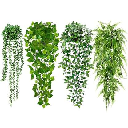 Palonu Artificial Hanging Plants for Shelf, 4 Pack Fake Potted Greenery Plant Faux Mandala Vine, String of Pearls, Ivy Vine,Persian Grass Fern in Pot for Desk Home Bathroom Farmhouse Room Table Decor