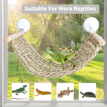 Bearded Dragon Hammock for Window, 21.6 x 7.8 in Natural Seagrass Bearded Dragon Hammock, Large Lizard Window Perch, Reptile Hammock Bed with Powerful Suction Cups for Tank Accessories