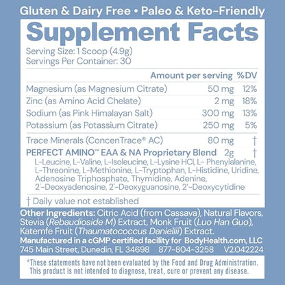 BodyHealth PerfectAmino Electrolytes Powder No Sugar, Hydration Fasting Keto Zero Sugar Electrolytes Drink Mix with Trace Minerals - Passion Fruit - 30 Servings - size: 5.2 Ounce (Pack of 1)