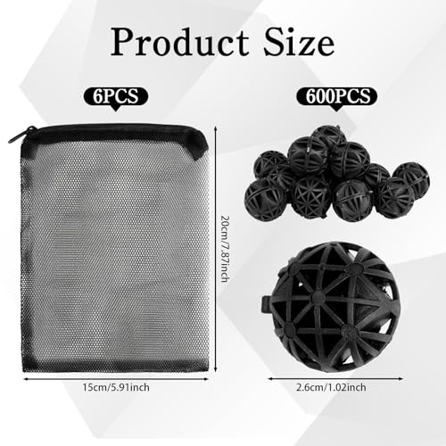 600 Pcs Bio Filter Balls with 6 Pieces Filter Media Bags Mesh Bags with Zipper 1.02 Inch Black Internal Bioballs Filter Media for Pond Fish Tank Aquarium