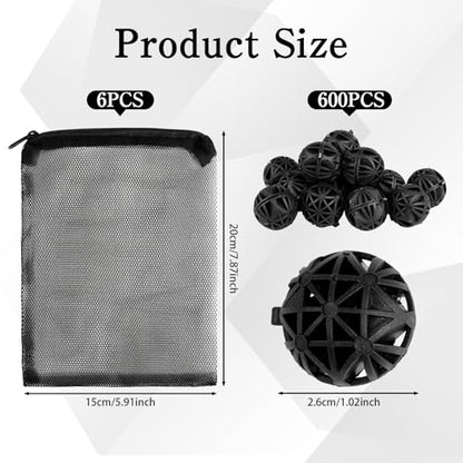 600 Pcs Bio Filter Balls with 6 Pieces Filter Media Bags Mesh Bags with Zipper 1.02 Inch Black Internal Bioballs Filter Media for Pond Fish Tank Aquarium
