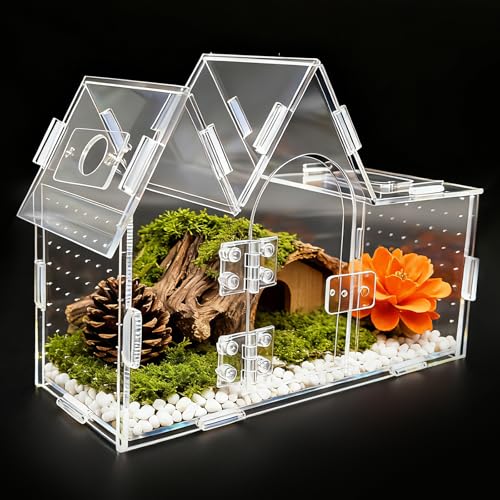 Jumping Spider Enclosure, 9.5" x 3.9" x 6.7" Acrylic with Magnetic Door Transparent Enclosure for Reptile Tarantula Jumping Spider Gecko Amphibians Chameleon