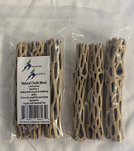 Awesome Aquatic Natural Cholla/Choya Wood 3 Pieces 6” for Shrimp Habitat and Food Treat Hermit Crabs Plecos Aquarium Decoration Lowers pH Hideouts and Chew Toys Reptiles Thorn Free Dried Organic - size: 3 pc 6 inch