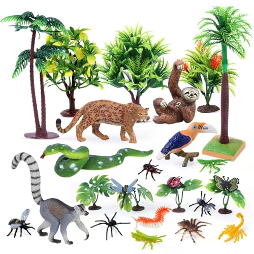 26Pcs Rainforest Animal Figures, Realistic Jungle Animals Toys with Snake Sloth Leopard Monkey Bird Insects Trees for Kids Educational Birthday Diorama Decoration Party Favor School Projects - style: Rainforest