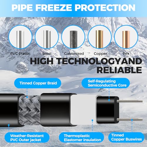 100FT(3FT~160FT) Water Pipe Heat Cable for Pipe Freeze Protection, Pipe Heating Cable for Metal And Plastic Home Pipes, Energy-Saving Heat Trace Cable Keeps Water Flowing, 120V 5W/ft - style: 100FT