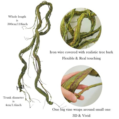 118in Bendable Greenery Garland Halloween Vine for Hanging Decor | Large Tree Branches Artificial Wall Grapevines Craft Plants Tree Trunk Creepy Jungle Twigs Reptile Climbing Mantel Decoration