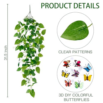 Sggvecsy Fake Hanging Plants 4 Pcs Artificial Hanging Plants Fake Ivy Vine Faux Pothos Vines Artificial Ivy Leaves Greenery Plant for Room Patio Home Indoor Outdoor Shelf Wall Garden Decor(No Baskets) - size: 4pcs