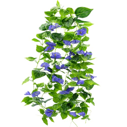 Artificial Vines 15Feet Silk Flower Garland for Outdoors Morning Glory Vine Artificial Flowers Hanging Plants Garland Fake Green Plant 2Pcs Dark Blue for Wall Fence Indoor Wedding Banquet Decor - color: Purple 2