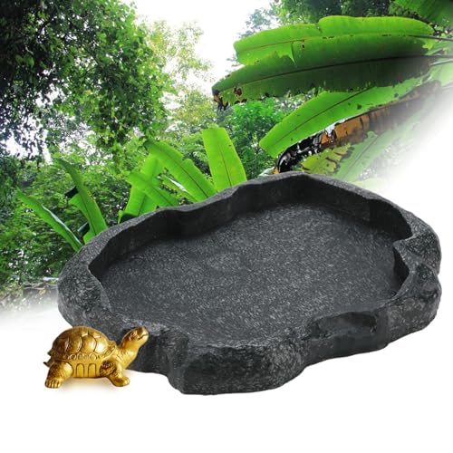 Tortoise Water Bowl - Reptile Water Food Dish Medium - Shallow Rock Reptile Feeder - Pet Aquarium Ornament Terrarium Dish Plate for Feeding Water Tortoise Lizard, 7.1 * 5.5 * 0.8in