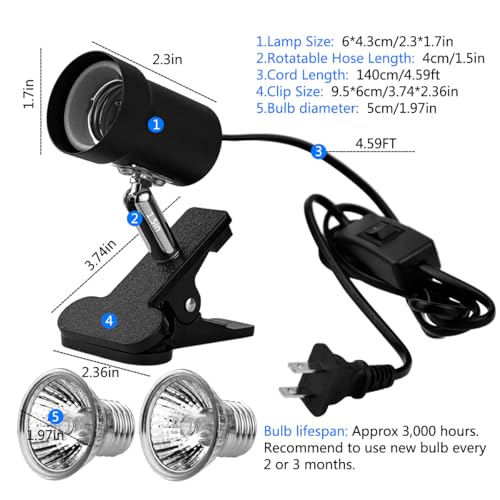 DOMICA Turtle Heat Lamp + 2 Heating Bulbs (50W,35W), Reptile UVA UVB Basking Spot Lamp, Warming Light with Clamp for Tortoise, Lizard, Snake, Leopard Gecko, Beared Dragon, Brooder Box
