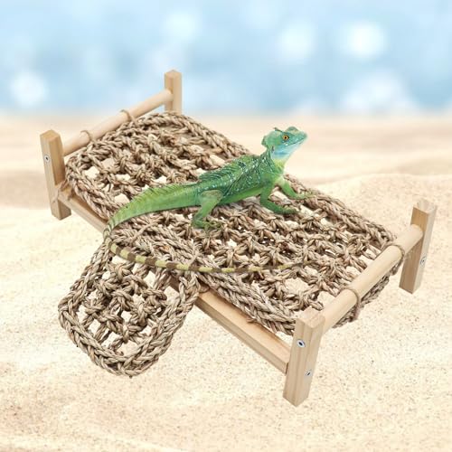 Dnoifne Bearded Dragon Bed with Climbing Ramp - Natural Wood and Seagrass Hammock, Reptile Tank Basking Platform Accessories for Leopard Gecko Lizard Frog - 12.6 × 7.1 × 3.9 inch - color: Bed with Ramp, size: Large