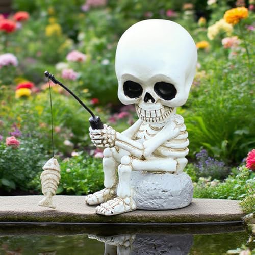 Fishing Skeleton Statue with Rotating Head Funny Halloween Decor, 3.8 Inch Cute Sitting Skull Figurine Resin Sculpture for Outdoor Garden Yard Lawn Pond Pool Ornaments - color: Rotable Head Skeleton