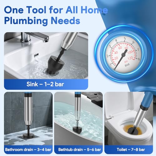 Granarbol High Pressure Toilet Plunger, Air Drain Blaster with Real-Time Gauge,Heavy Duty Toilet Auger & Drain Snake-Clog Remover for Toilets, Sinks, Floor Drains (Blue) - color: Blue